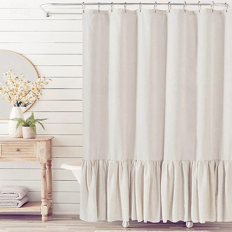 Farmhouse Shower Curtain Ruffle Linen Textured Boho Machine Washable Shower Curtain for Bathroom4
