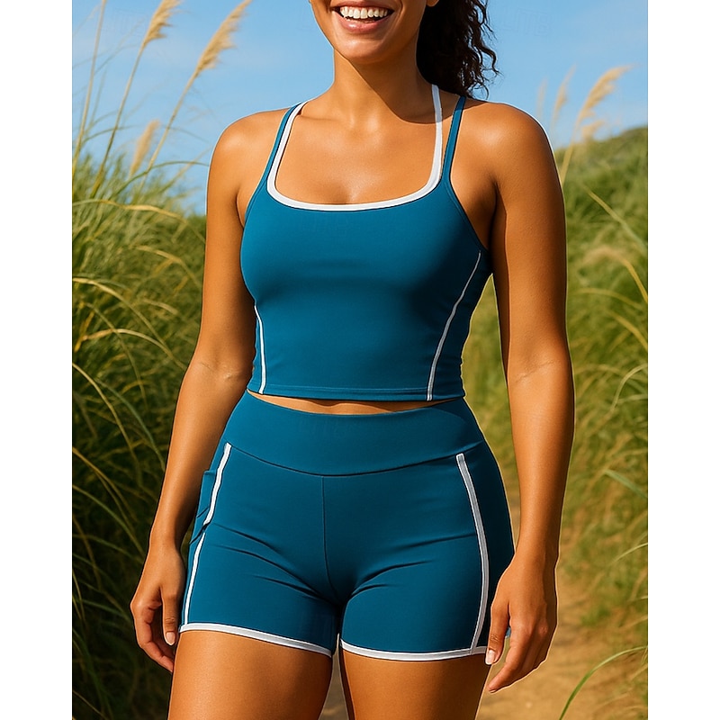 Women's Tracksuit 2 Piece Solid Colored Clothing Suit Summer Black Blue High Waist Quick Dry Quick-drying Breathable Sleeveless Sport Activewear Stretchy Regular Fit3