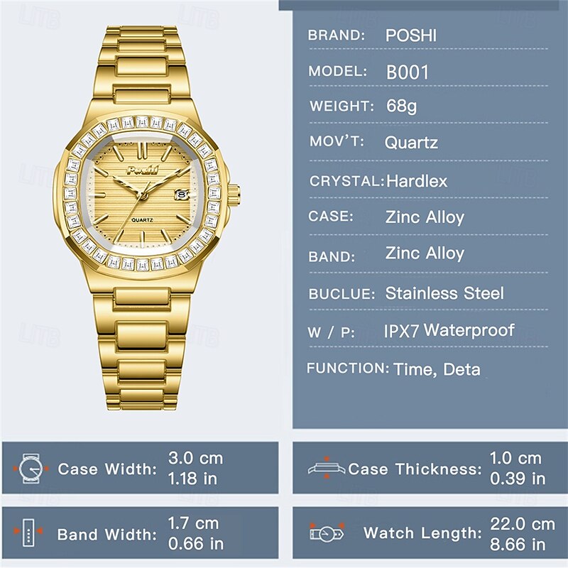 POSHI Brand Fashion Women's Watch with Rhinestones Roman Style Oval Watch IPX7 Waterproof Strap Calendar Quartz Watch Women's Business Watch3