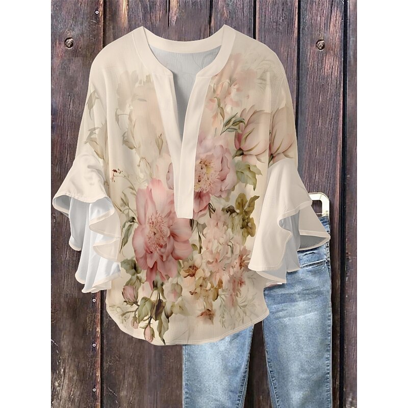 Women's Blouse Floral Stylish Modern 3/4 Length Sleeve V Neck Regular Tops Daily Holiday Ruffle Print Black Blue Green Apricot Summer3