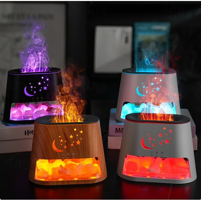 1 Pc Natural Rock Aromatherapy Machine Humidifier Colorful Flame Atmosphere Light with Essential Oil Addition Hollow Star Moon Salt Stone Decorative Light Remote Control Timing DC24V Plug