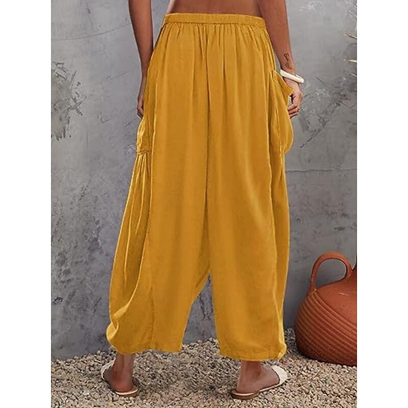 Women's Cotton Linen Pants Chinos Fashion Basic Casual Full Length High Waist Plain Pocket Drawstring Comfort Outdoor Micro-elastic Vacation Street Daily White Yellow Fuchsia Khaki Summer Spring4