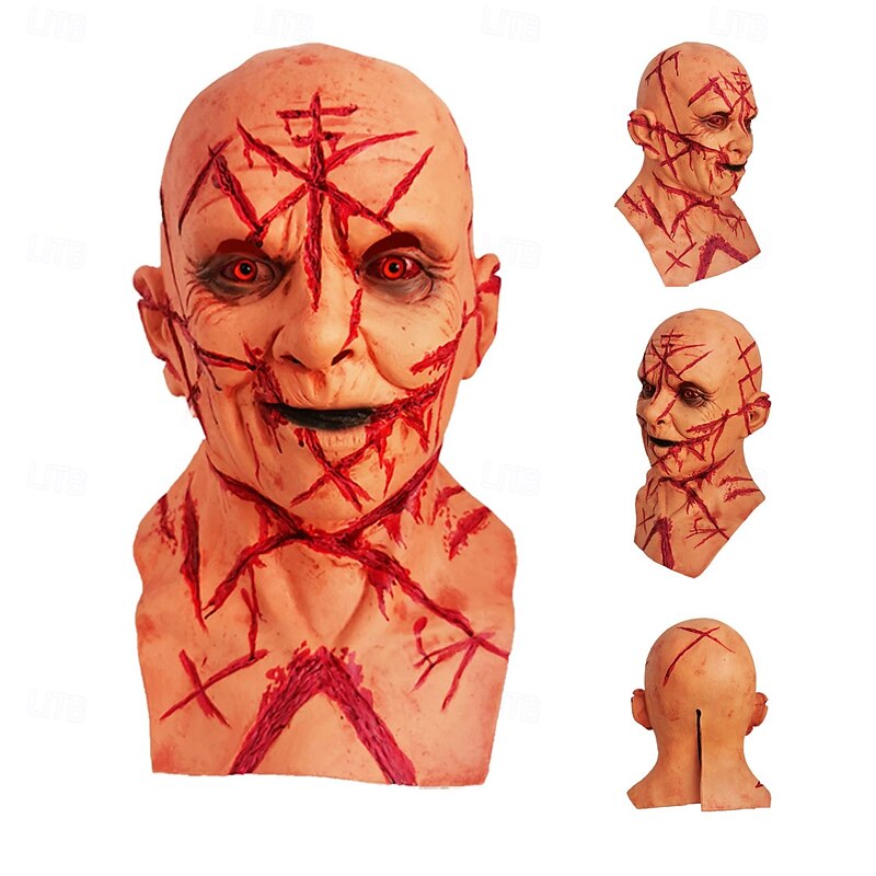 Halloween Bald Scarred Mask For Adults Realistic Scary Costumes Latex Face Mask, Bloody Scars Horror Mask, Creepy Haunted House Party Prop