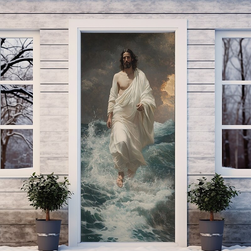 Jesus Door Decorations Door Covers Jesus Walk on Water Faith Nativity Door Tapestry Door Curtain Decoration Backdrop Indoor/Outdoor Door Banner for Front Door Office Door3