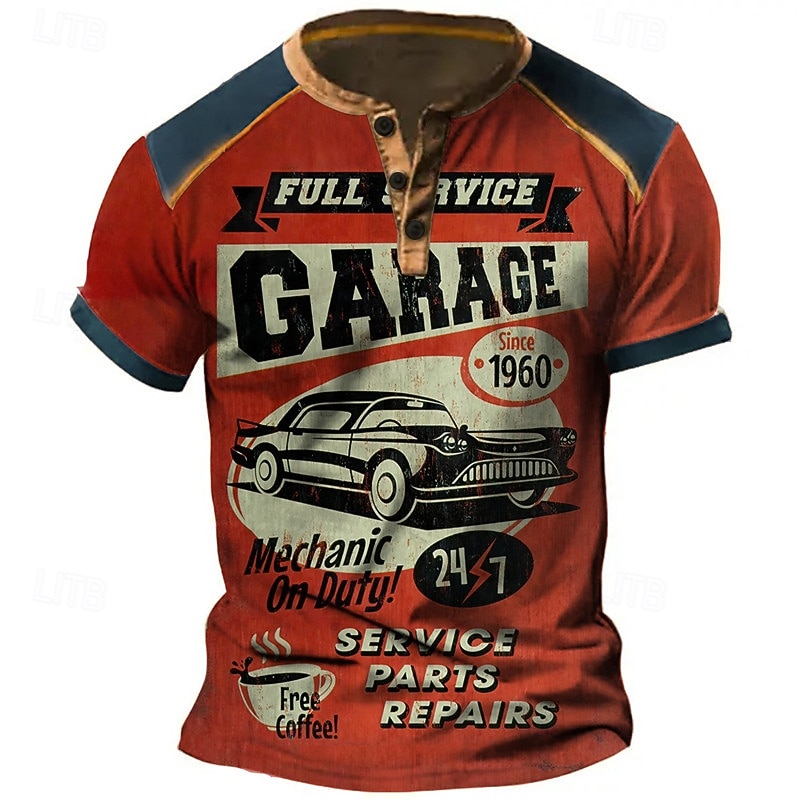 Men's Graphic Car Henley Shirt Short Sleeve 3D Print Fashion Designer Comfortable Outdoor Daily Summer Red Blue Sky Blue Purple Orange Henley Henley T-Shirt