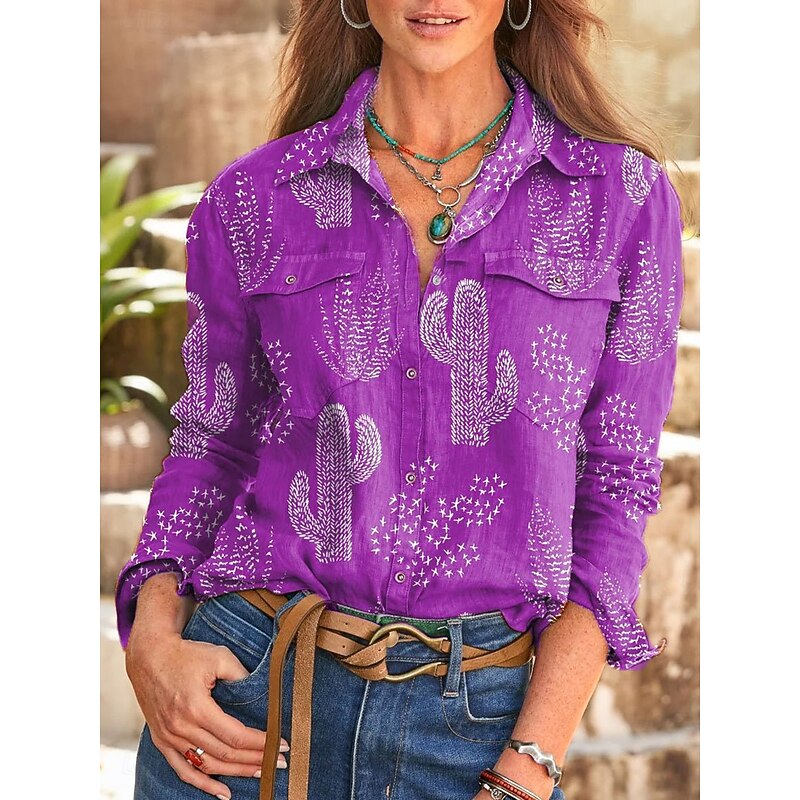 Women's Shirt Long Sleeve Button Down Blouse Graphic Leaf Vintage Tropical Daily Shirt Collar Regular Tops Work Daily Buttons Print Blue Purple Green Khaki Summer Spring2