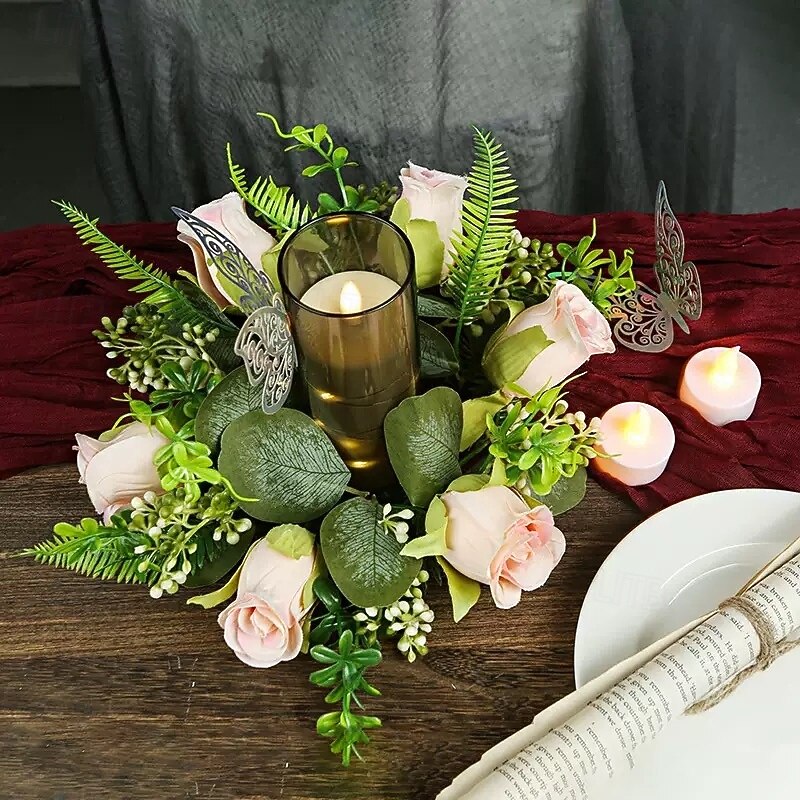 Artificial Rose Candle Ring Wreath, Floral Candlestick Decoration for Wedding, Table Centerpiece, Festival or European-Style Home Decor4