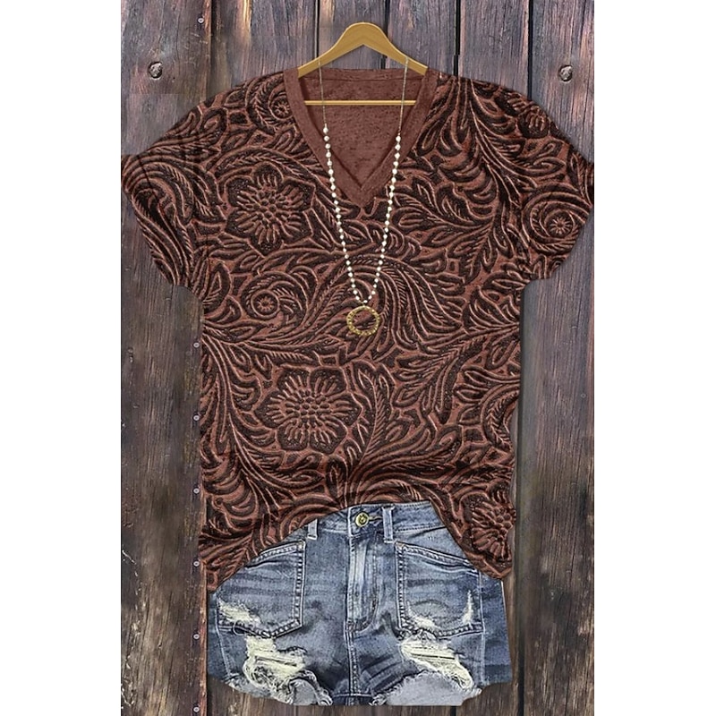 Women's T Shirt Ombre Graphic Abstract Vintage Stylish Classic Short Sleeve V Neck Regular Tops Daily Going out Weekend Print Maroon Brown Summer Spring2