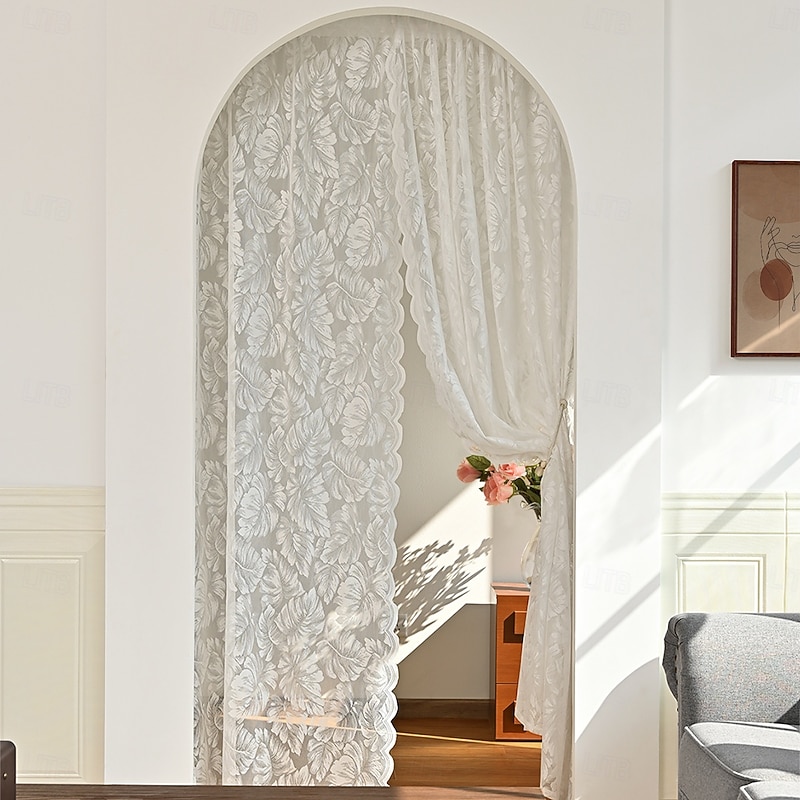 French Lace Curtains,Farmhouse Scalloped Trim Semi Sheer Curtains Embroidered Window Curtains with Hook,Vintage Window Drapes for Living Room Bedroom