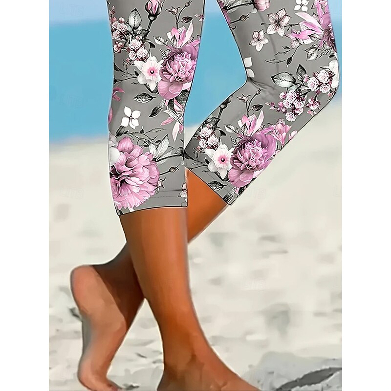 Women's Leggings Vacation Vintage Ethnic Style Calf-Length High Waist Floral Graphic Leaf Soft Comfortable Breathable Stretchy Vacation Street Causal Violet Dusty Rose Light Blue Summer Spring Fall4