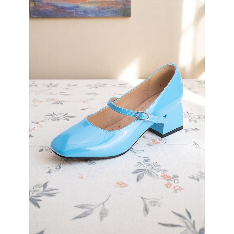 Women's Vintage Light Blue Patent Mary Jane Block Heels – Retro 1950s Style Dress Shoes for Teens and Ladies, Ideal for Parties, School Events, and Everyday Chic Looks4