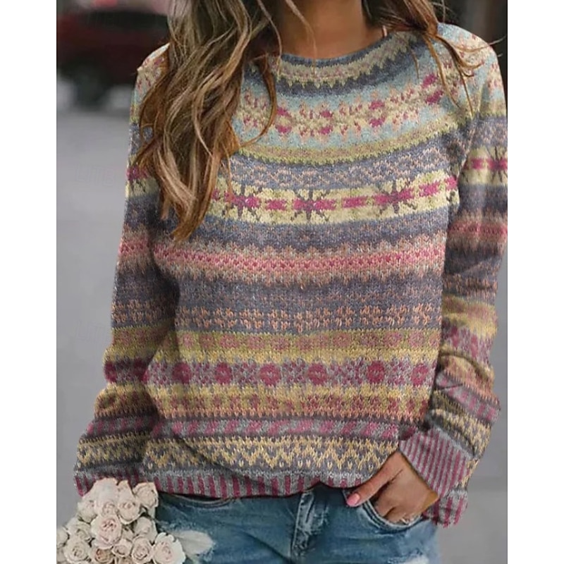 Women's Sweater Fair Isle Sweater Pullover Casual Soft Floral Ribbed Crew Neck Knitted Print Long Sleeve Regular Tops Knit Outdoor Daily Holiday Red Blue Fall Winter2