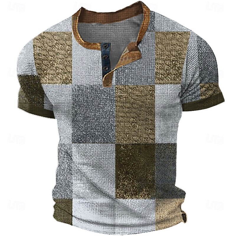 Men's Faux Patchwork Pattern Henley Shirt Waffle T Shirt Short Sleeve Daily Retro Vintage Classic Sports Outdoor Casual Holiday Spring & Summer All Seasons Blue Yellow Green Red Grey Henley Henley3