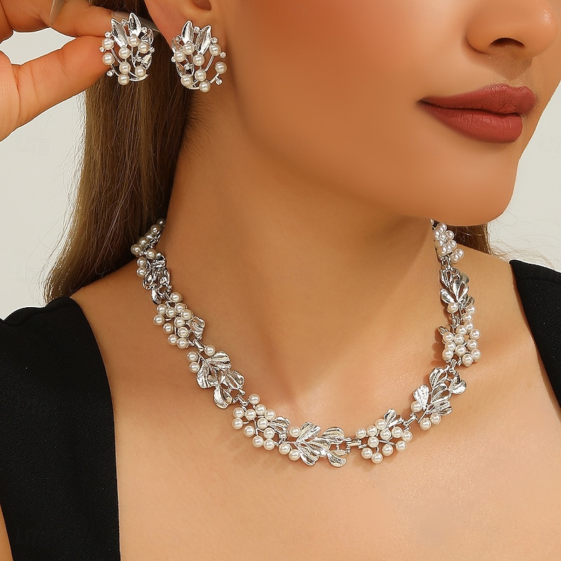 Jewelry Set Two-piece Suit Zircon Pearl Zircon 1 Necklace Earrings Women's Elegant Vintage Luxury Cute Beads Star Flower Shape irregular Jewelry Set For Wedding Party Party Evening Wear