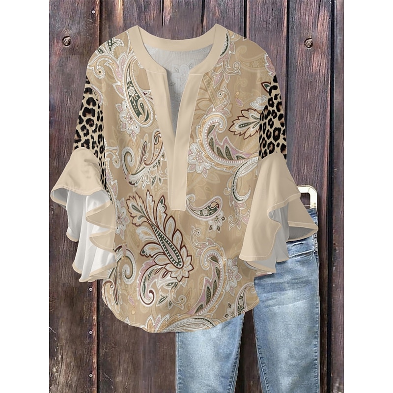 Women's Blouse Paisley Stylish Modern 3/4 Length Sleeve V Neck Regular Tops Daily Holiday Ruffle Print Black Wine Blue Khaki Summer