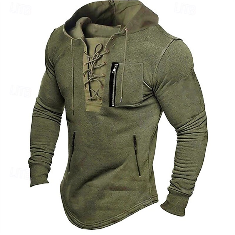 Men's T Shirt Tee Tee Top Long Sleeve Shirt Long Sleeve Hooded Spring Fall Plain Fashion Designer Basic Lace up Vacation Street Going out Black Light Grey Brown Top Tee for Men