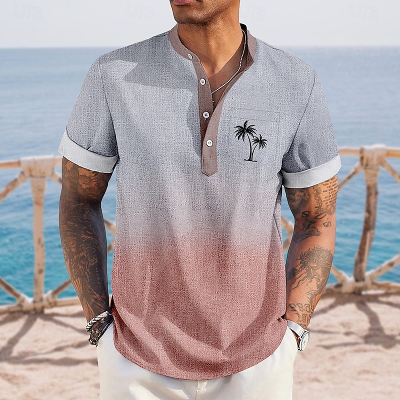 Men's Coconut Tree Gradient Color Hawaiian Shirt Henley Shirt Stand Collar Shirt Short Sleeve Hawaiian Vacation Casual Summer Spring Mandarin Collar Band Collar Buttons Front One Pocket Linen Like2