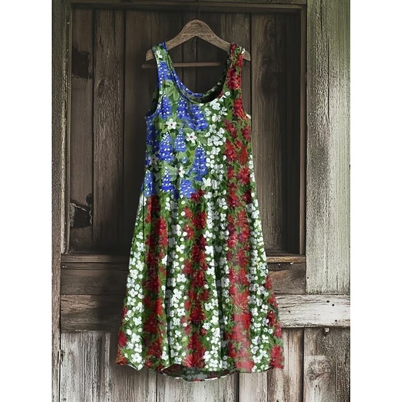 Women's Patriotic  Mini Dress Sundress A Line Dress Off The Shoulder Dress Vacation Casual Boho Party Regular Fit Floral Graphic Flag Sleeveless U Neck Red Green Summer3