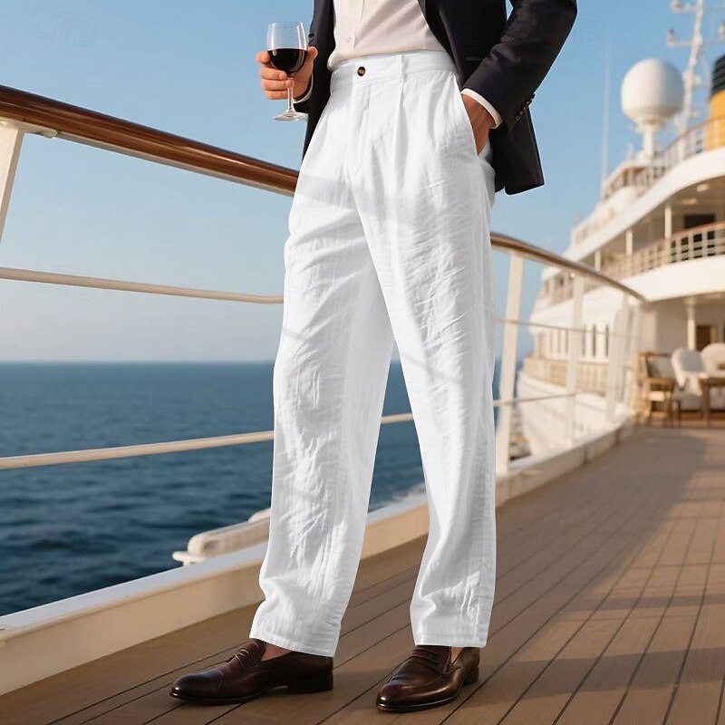 Men's Linen Pants Trousers Summer Pants Beach Pants Pocket Straight Leg Plain Comfort Breathable Vacation Daily Holiday Hawaiian Boho Black White3