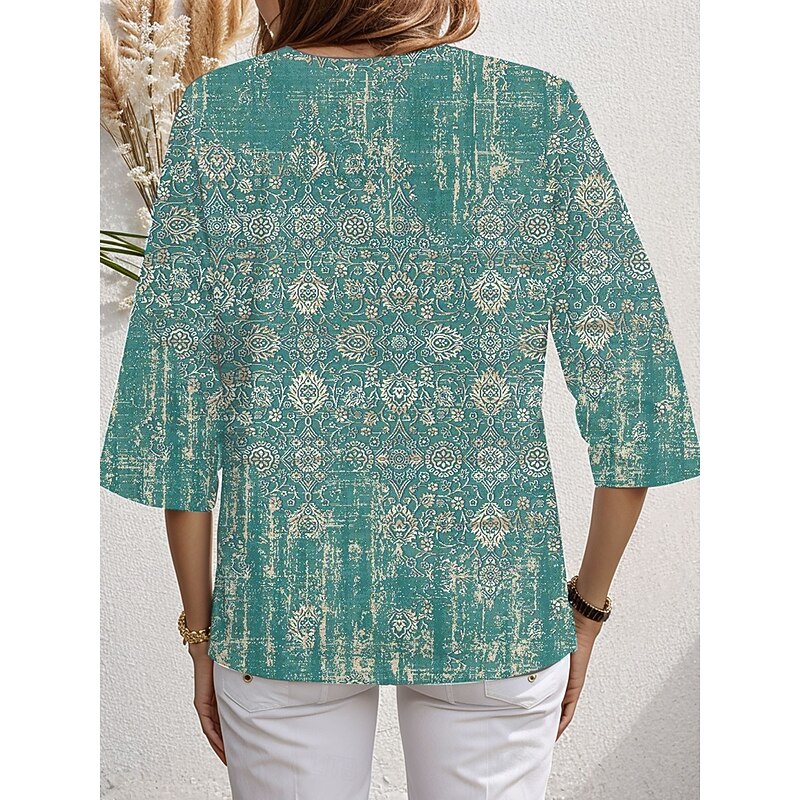 Women's Blouse Long Sleeve Asymmetrical Hem Graphic Paisley Hawaiian Stylish Casual 3/4 Length Sleeve V Neck Regular Tops Daily Holiday Going out Print Blue Purple Green Summer Spring Fall2