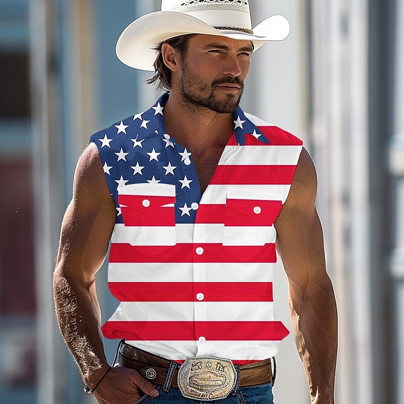 Independence Day Men's American US Flag Patriotic Fourth of July Shirt Western Shirt Cowboy Shirt Sleeveless Fashion Casual Holiday Summer Spring Turndown Front Two Pockets Button Up Shirts White Red3