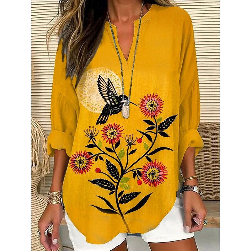 Women's Blouse Tunic V Neck Long Sleeve Boho Casual Tops Floral Graphic 3D Bohemia Vintage Tropical Regular Tops Daily Wear Print White Yellow Red Violet4