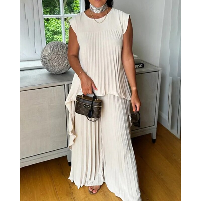 Women's Active Blouse Pants Sets Sleeveless Crew Neck Solid Color Ruched Holiday Daily Wear White Blue Brown Summer Regular Fit3