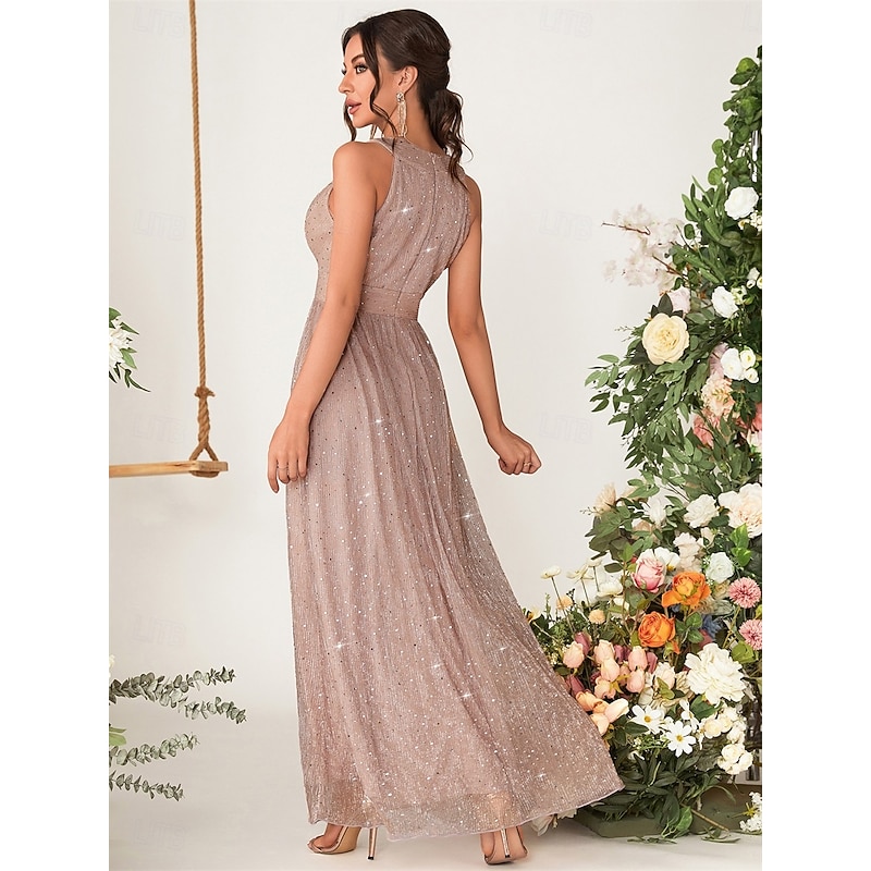 A-Line Bridesmaid Dress V Neck Sleeveless Elegant Floor Length Chiffon with Sequin4