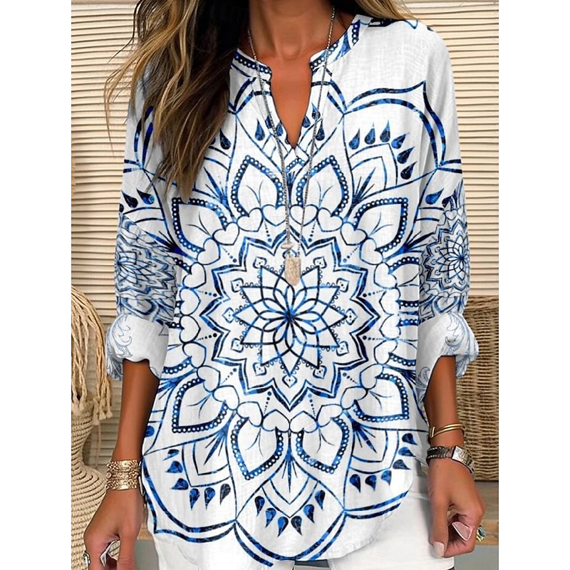 Women's Shirt Floral Stylish Modern Long Sleeve V Neck Regular Tops Daily Holiday Buttons Print White Blue Summer