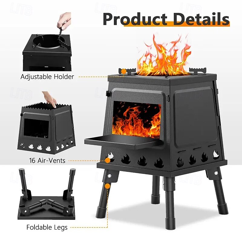 1pc Wood Barbecue Camp Stove Outdoor Picnic Barbecue Travel Portable Cast Iron Wood Stove Black2