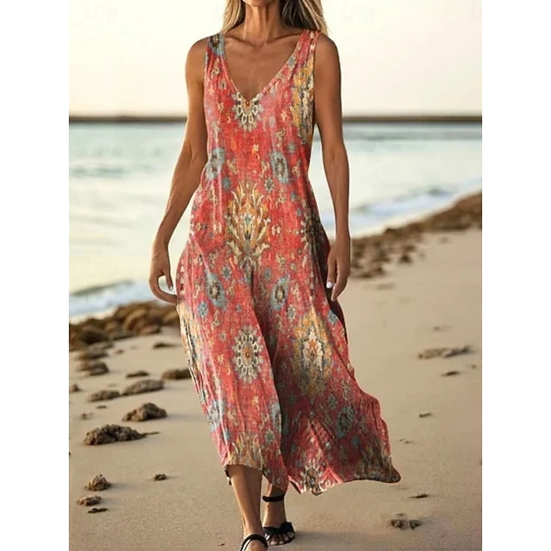 Women's Long Dress Maxi Dress Casual Dress Tank Dress Summer Dress African Daily Holiday Beach Regular Fit Floral Sleeveless V Neck Pink Red Navy Blue Purple Summer3