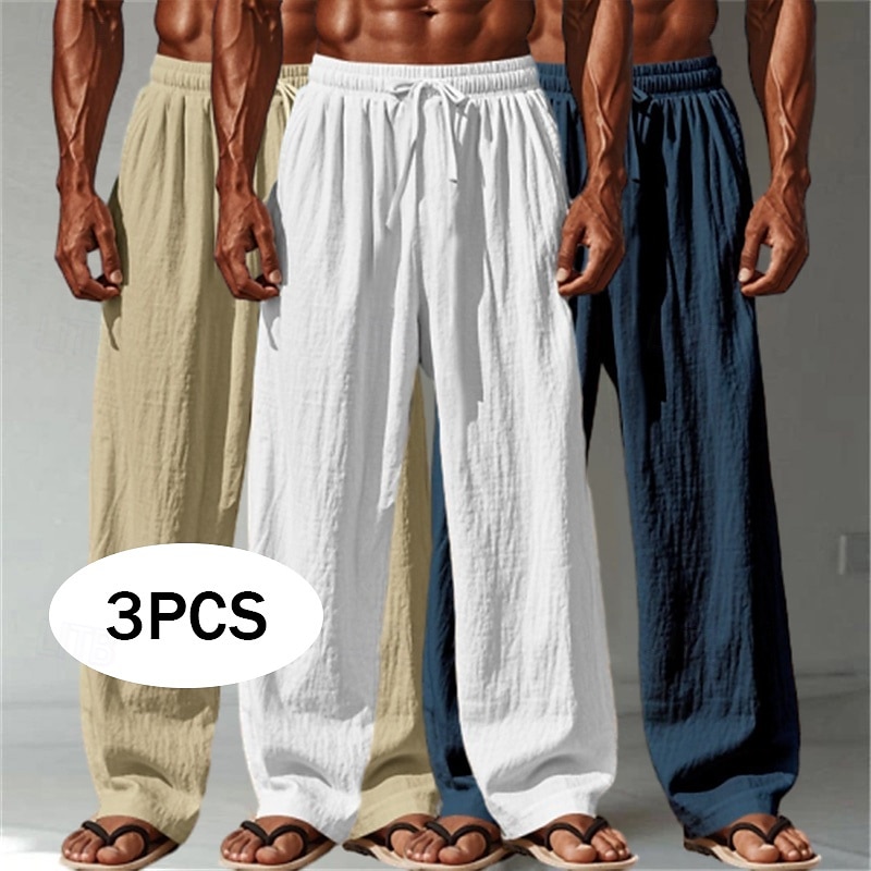 Men's Linen Pants Trousers Summer Pants Baggy Pants Beach Pants Drawstring Elastic Waist Straight Leg Plain Comfort Breathable Full Length Outdoor Casual Daily Vacation Fashion White+Black+Gray