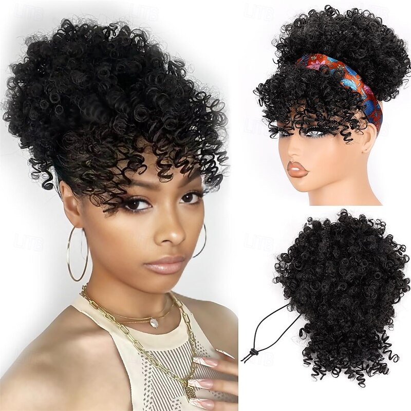 Drawstring Ponytail for Black Women Afro Puff Kinky Curly Hair Ponytail Extension with Bangs Black Updo Natural Hair Ponytail
