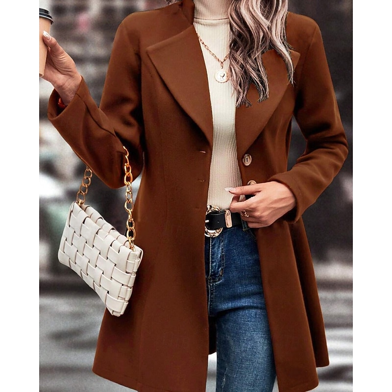Women's Coat Warm Comfortable Buttons Fashion Plain Street Holiday Single Breasted Long Turndown Regular Fit Long Sleeve Outerwear Black Apricot Coffee Fall Winter2