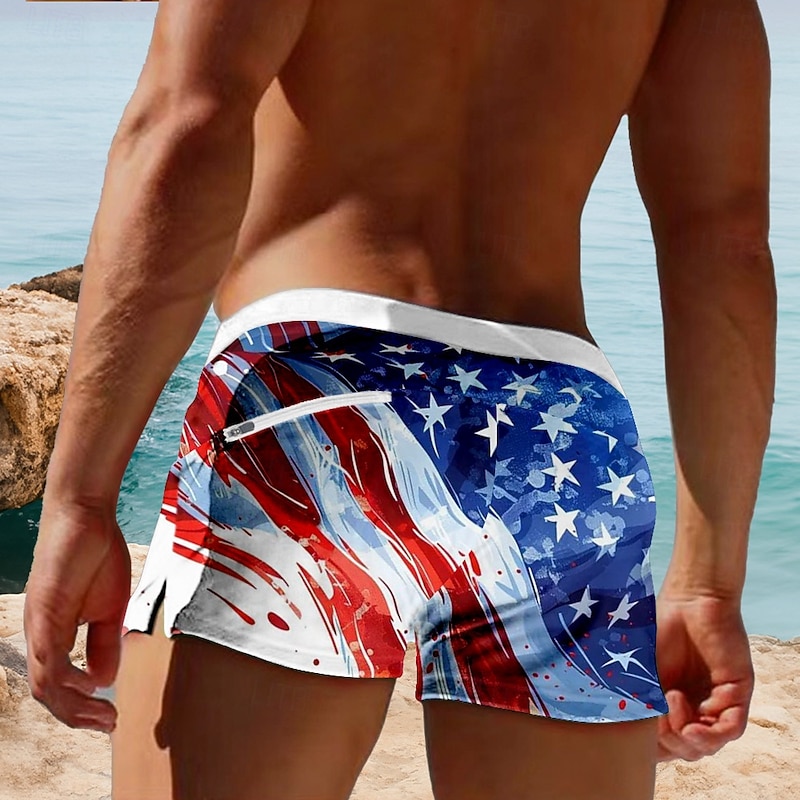 Independence Day Men's US Flag Patriotic Fourth of July Swim Trunks Swim Shorts Board Shorts Mid Waist 3D Print Hawaiian Holiday Drawstring with Mesh lining Elastic Waist Designer Clothing Apparel2