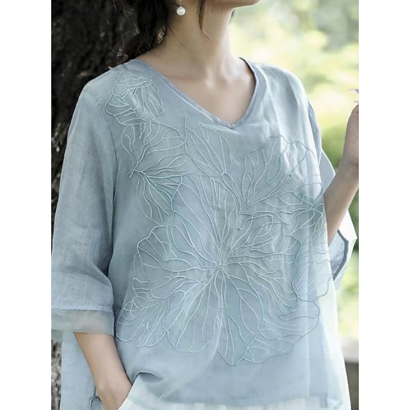 Women's Cotton Linen Shirts Solid Color Basic Casual 3/4 Length Sleeve V Neck Regular Tops Daily Embroidered Navy Blue Blue Purple Orange Apricot Summer3