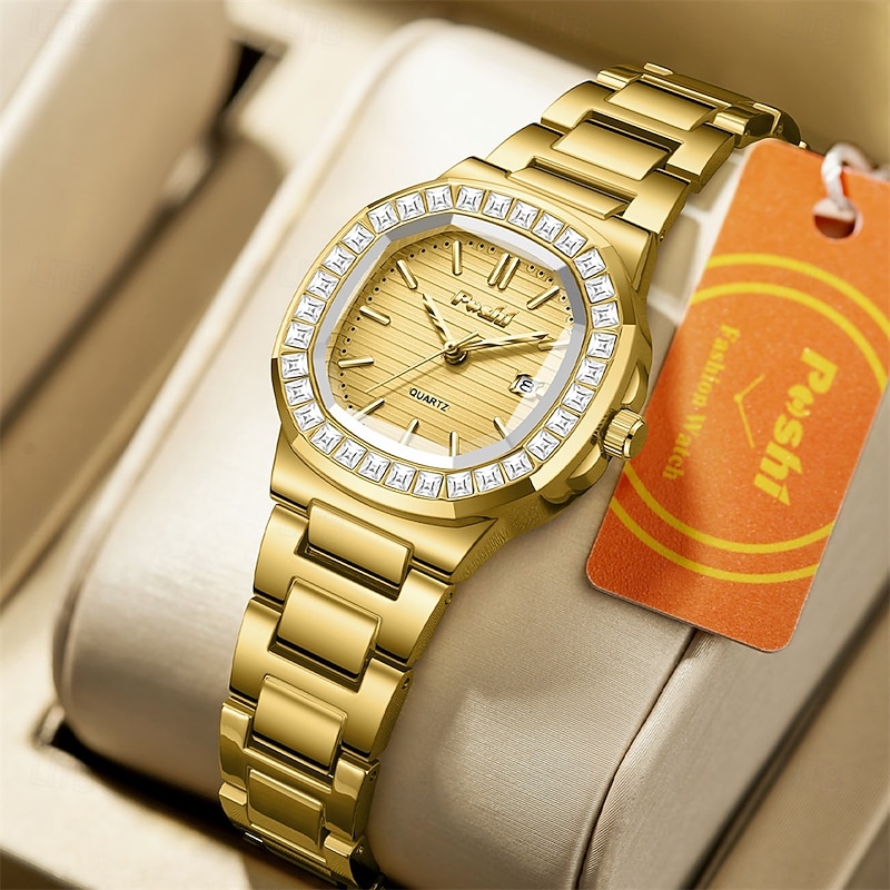 POSHI Brand Fashion Women's Watch with Rhinestones Roman Style Oval Watch IPX7 Waterproof Strap Calendar Quartz Watch Women's Business Watch