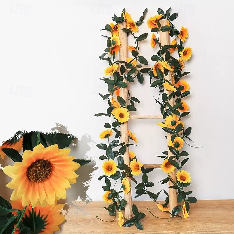 Artificial Sunflower Garland Vine with 8 Large Sunflowers, Realistic Faux Flower Decor for Home, Wall, Pipe Wrapping and Garden Decoration
