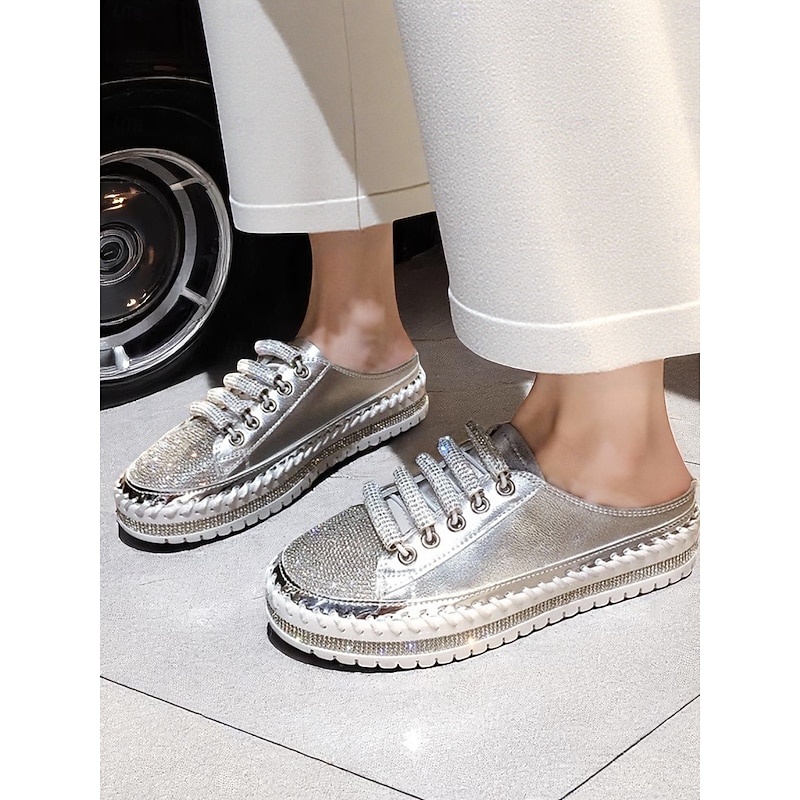 Women's Silver Metallic Slip-On Sneakers with Glitter Detailing, Casual Platform Shoes for Everyday Wear and Dates