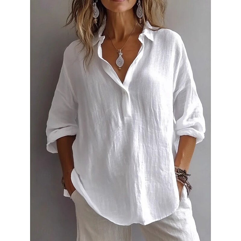 Women's 100% Cotton Blouse Solid Color Basic Casual Long Sleeve Shirt Collar Regular Tops Daily Buttons White Pink Purple Green Summer3