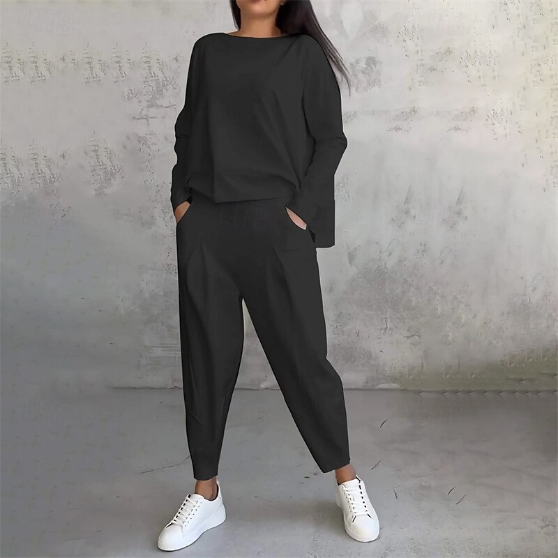 Women's Tracksuit Sweatpants Pullover Sweatshirt Pocket Solid Colored Clothing Suit Fall Black White Gym Workout Sports Windproof Long Sleeve Sport Activewear Micro-elastic Regular Fit