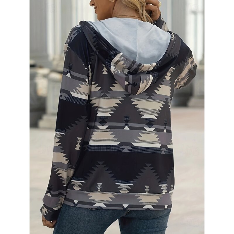 Women's Hooded Sweatshirt Jacket Long Sleeve Zip Up Hoodie With Pocket Lightweight Casual Micro-elastic Oversized Geometric Striped Active Vintage Sports Drawstring Front Pocket Black Blue Gray Fall3