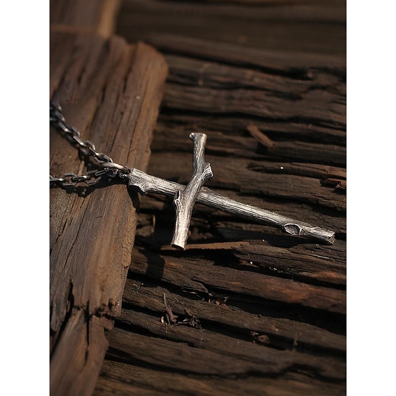 Vintage Branch - Shaped Cross Necklace - Rustic Silver - Tone Pendant for Men & Women3