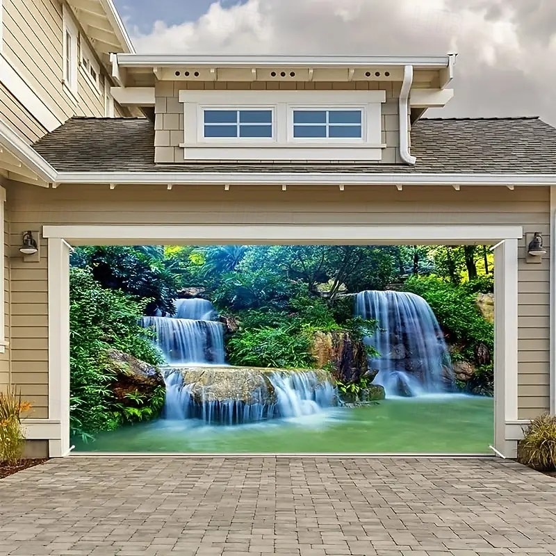 Landscape Waterfall Door Decorations Garage Door Cover Outdoor Banner Large Christmas Backdrop for Holiday Outdoor Garage Door Home Wall Decorations