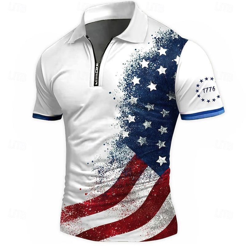 Men's Geometic Line Zip Polo Shirts Short Sleeve Polo Shirts Collared Shirts Business Casual Business Athleisure Wear to work Daily Wear 3D Print Summer White Blue