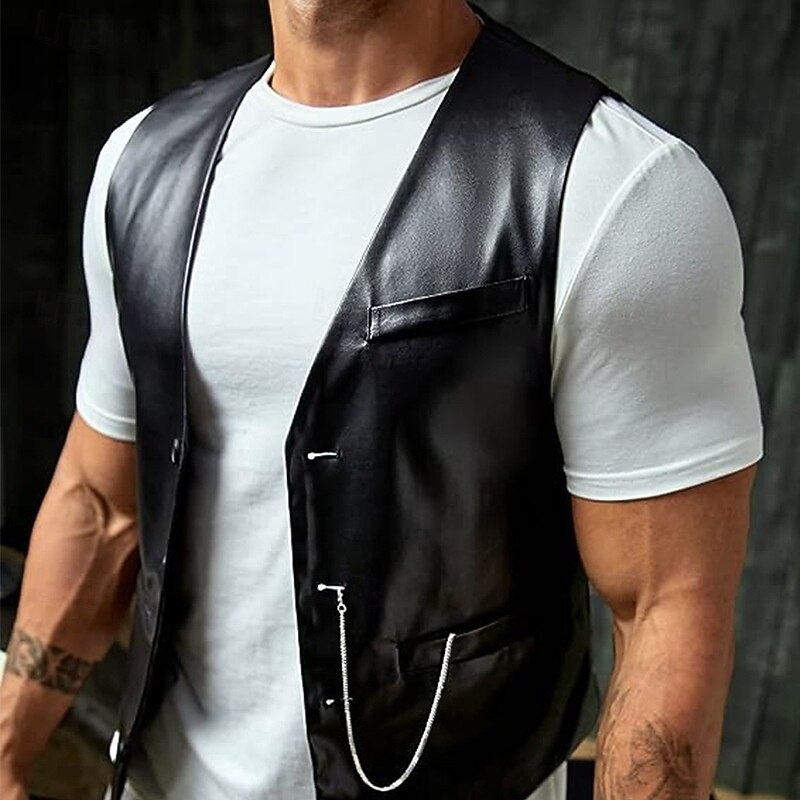 Men's Faux Leather Jacket Vest Waistcoat Gilet Vacation Daily Fashion Casual Spring Fall Pocket Buttons PU Leather Comfortable Solid Color Single Breasted One-button Lapel Regular Fit Light Coffee
