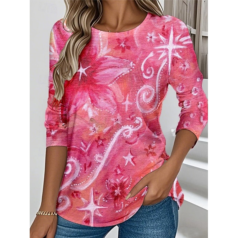 Women's T shirt Crew Neck Long Sleeve Tunic Floral Graphic Plants Vintage Stylish Classic  Round Neck Regular Tops Daily Weekend Print Black White Pink Blue Green Summer