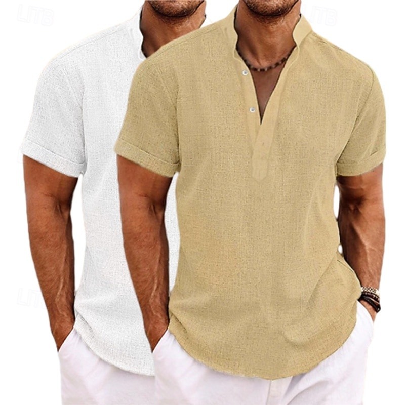 Men's Shirt Linen Shirt Band Collar Shirt Popover Shirt Summer Shirt Beach Wear Plain Vacation Casual Green+Gray White+Yellow White+Green White+Navy Blue Short Sleeve Henley Summer Clothing Apparel3