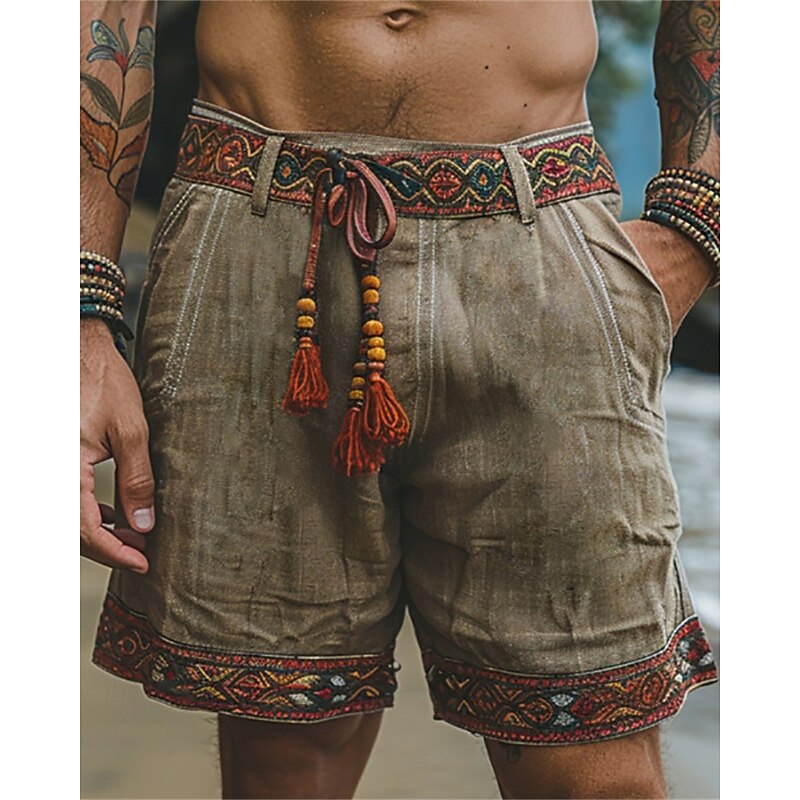 Men's Shorts Linen Shorts Summer Shorts Beach Shorts Buttons Pocket Bohemian Comfort Breathable Short Vacation Holiday Beach Hawaiian Boho Khaki2