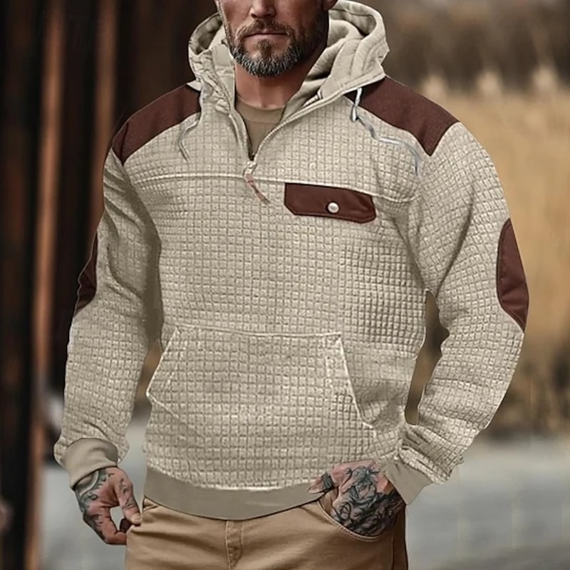 Men's Hoodie Waffle Hoodies Quarter Zip Hoodie Light Khaki. Hooded Color Block Pocket Ribbed Textured Sports & Outdoor Daily Holiday Polyester Streetwear Basic Casual Spring &  Fall Clothing Apparel2
